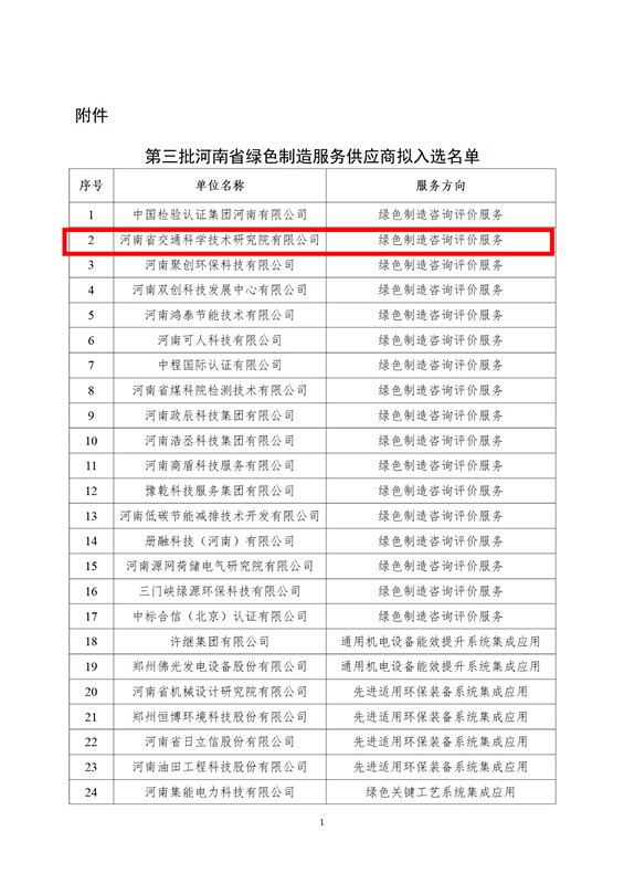 公司入選河南省綠色制造服務供應商